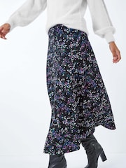 Roman Black Ditsy Floral Print Stretch Elastic Waist Midi Skirt - Image 1 of 5