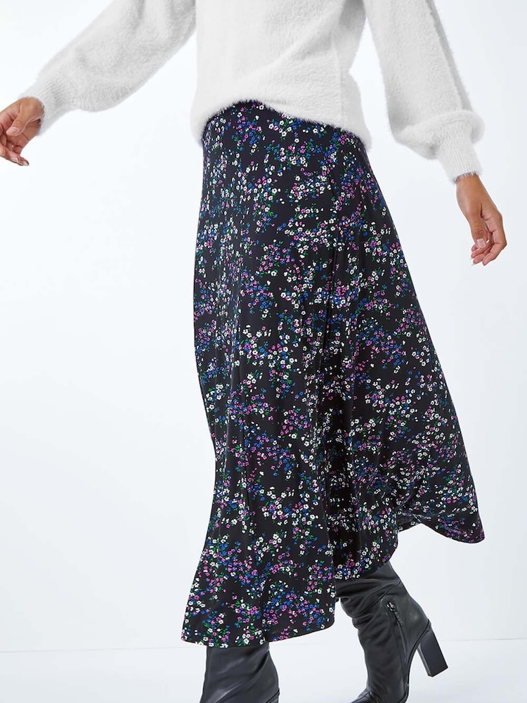 Roman Black Ditsy Floral Print Stretch Elastic Waist Midi Skirt - Image 1 of 5