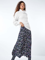 Roman Black Ditsy Floral Print Stretch Elastic Waist Midi Skirt - Image 2 of 5