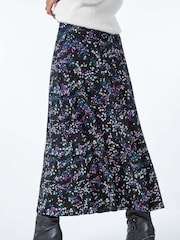 Roman Black Ditsy Floral Print Stretch Elastic Waist Midi Skirt - Image 4 of 5