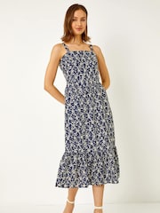 Roman Blue Broderie Detail Cotton Midi Dress - Image 1 of 5