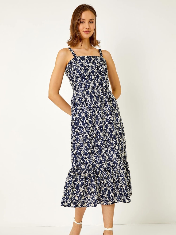 Roman Blue Broderie Detail Cotton Midi Dress - Image 1 of 5
