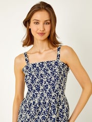 Roman Blue Broderie Detail Cotton Midi Dress - Image 4 of 5