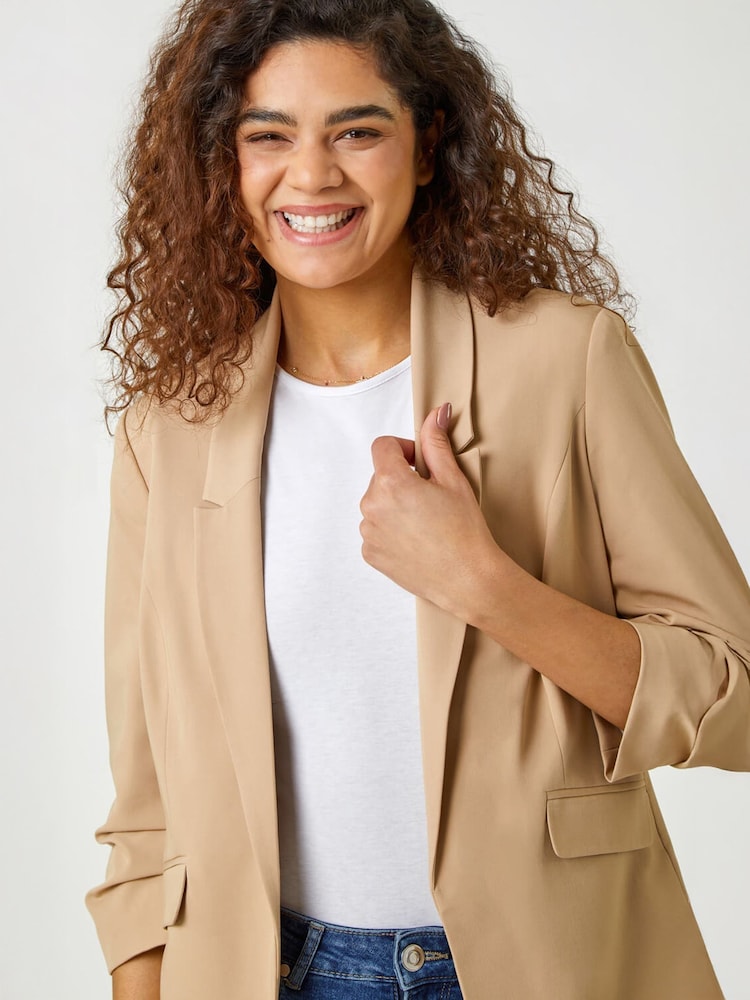 Roman Natural Ruched 3/4 Sleeve Stretch Blazer - Image 2 of 5