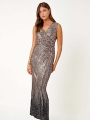 Roman Metallic Sequin V-Neck Stretch Wrap Maxi Dress - Image 1 of 5