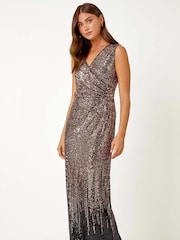Roman Metallic Sequin V-Neck Stretch Wrap Maxi Dress - Image 2 of 5