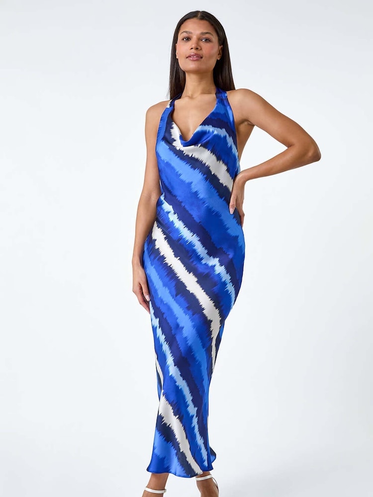 Roman Blue Stripe Satin Bias Cut Bodycon Dress - Image 1 of 5