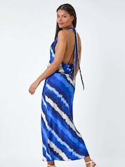 Roman Blue Stripe Satin Bias Cut Bodycon Dress - Image 2 of 5