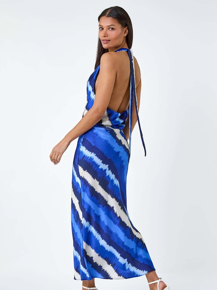 Roman Blue Stripe Satin Bias Cut Bodycon Dress - Image 2 of 5