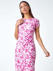 Roman White Floral Print Lace Gathered Stretch Bodycon Dress - Image 1 of 5