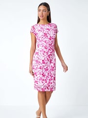 Roman White Floral Print Lace Gathered Stretch Bodycon Dress - Image 2 of 5