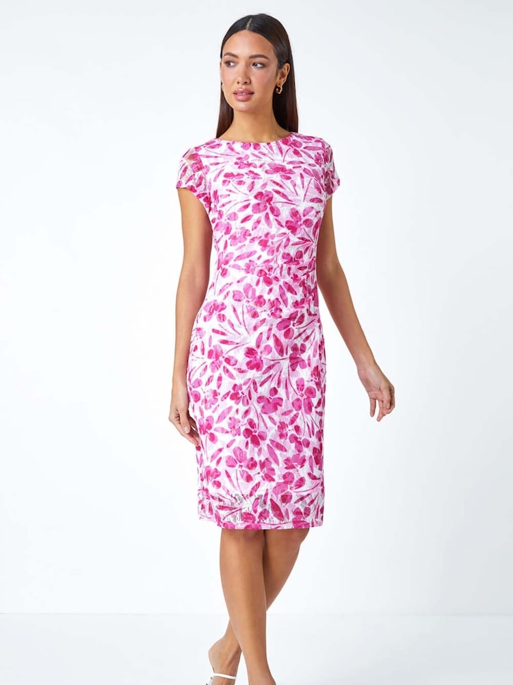 Roman White Floral Print Lace Gathered Stretch Bodycon Dress - Image 2 of 5