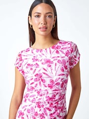 Roman White Floral Print Lace Gathered Stretch Bodycon Dress - Image 4 of 5