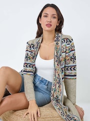 Roman Natural Nordic Patterned Longline Cardigan - Image 1 of 5