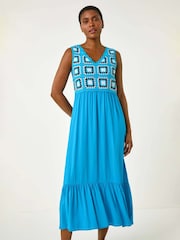 Roman Blue Sleeveless Crochet Fit & Flare Midi Dress - Image 1 of 5