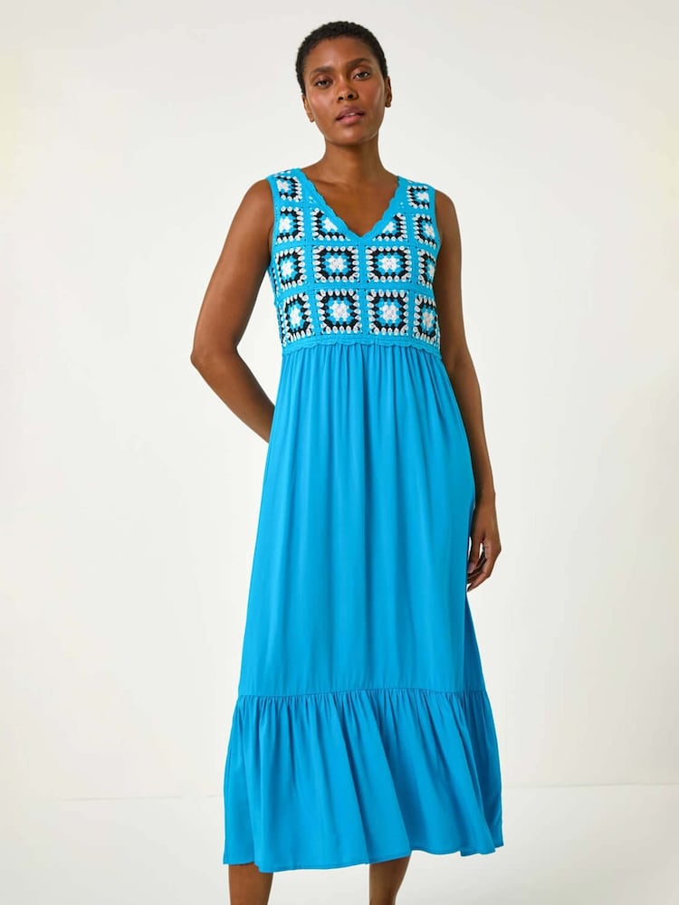Roman Blue Sleeveless Crochet Fit & Flare Midi Dress - Image 1 of 5