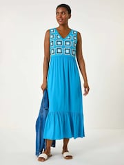 Roman Blue Sleeveless Crochet Fit & Flare Midi Dress - Image 4 of 5