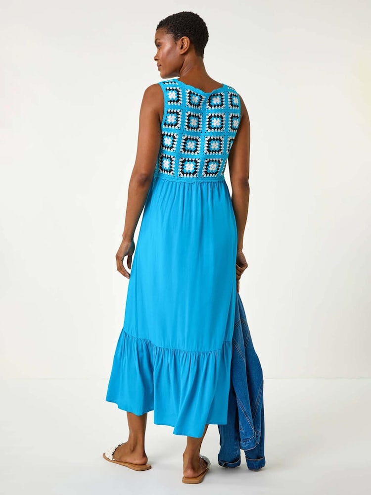 Roman Blue Sleeveless Crochet Fit & Flare Midi Dress - Image 5 of 5
