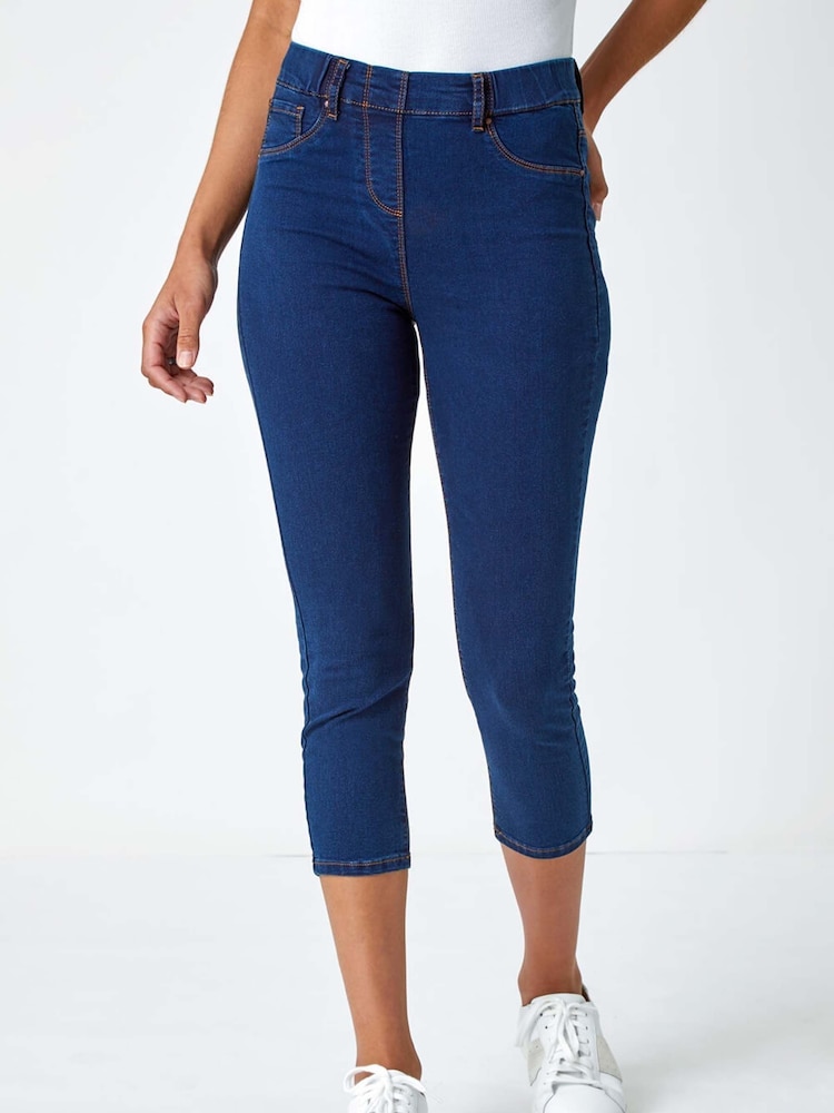Roman Blue Chrome Cropped Stretch Elastic Waist Denim Leggings - Image 1 of 5