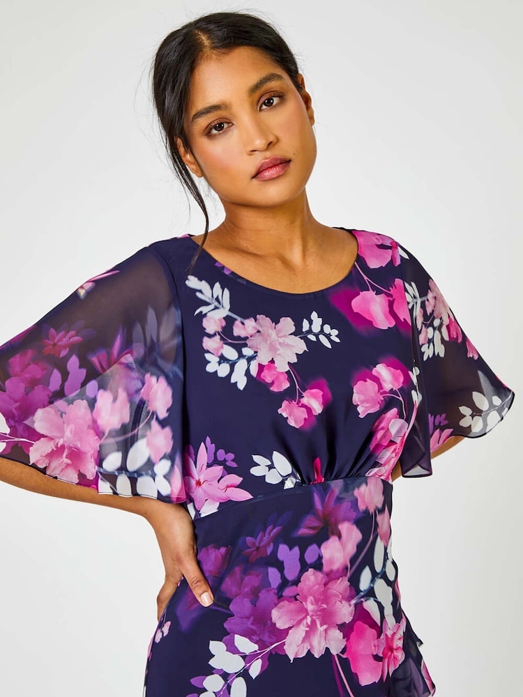Roman Floral Print Chiffon Frill Asymmetric Midi Dress - Imagen 5 de 5 Roman Floral Print Chiffon Frill Asymmetric Midi Dress - Imagen 5 de 5