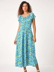 Roman Blue Lace-Up Detail Floral Print Bardot Dress - Image 1 of 5