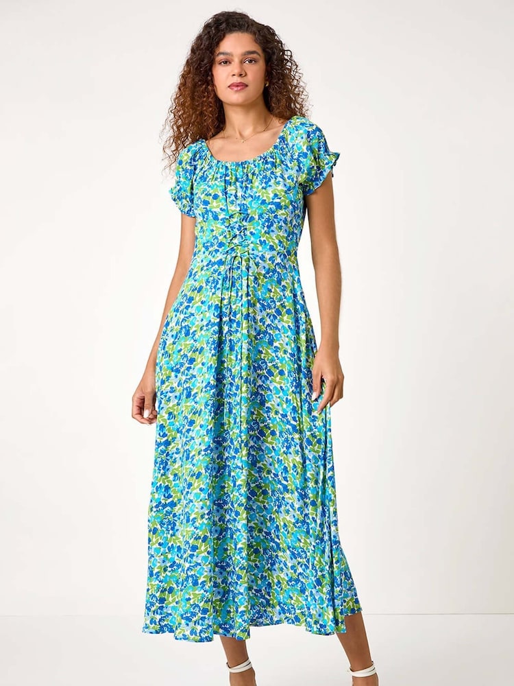 Roman Blue Lace-Up Detail Floral Print Bardot Dress - Image 1 of 5