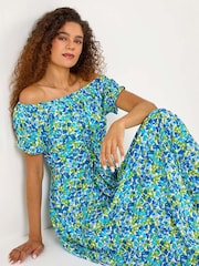 Roman Blue Lace-Up Detail Floral Print Bardot Dress - Image 2 of 5