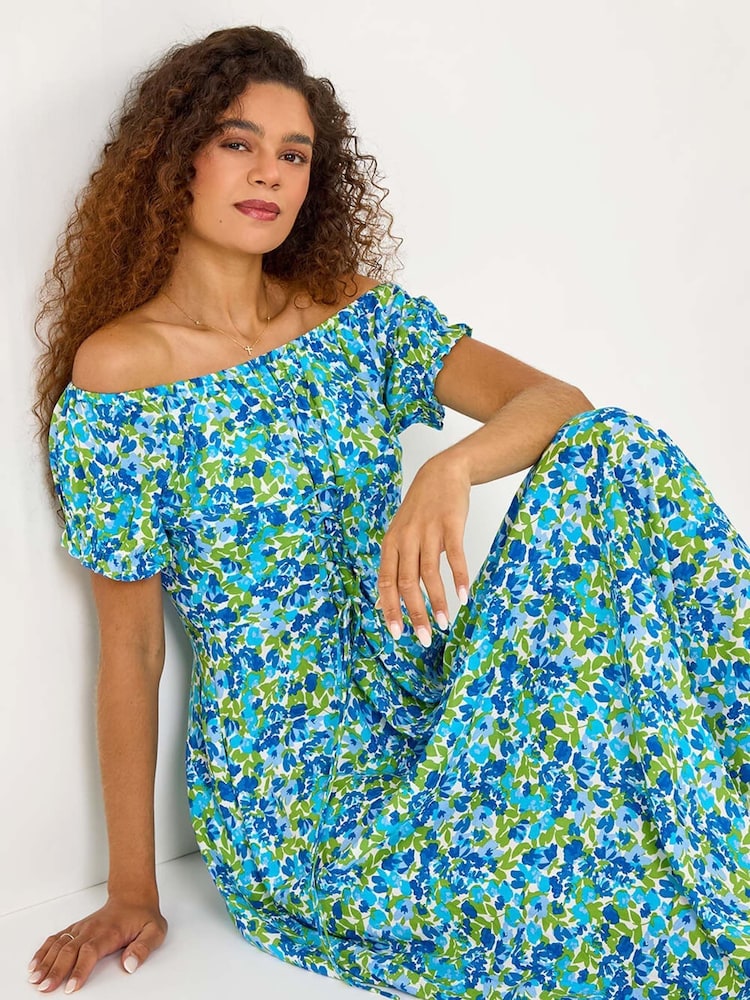 Roman Blue Lace-Up Detail Floral Print Bardot Dress - Image 2 of 5
