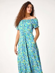 Roman Blue Lace-Up Detail Floral Print Bardot Dress - Image 3 of 5