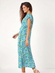 Roman Blue Lace-Up Detail Floral Print Bardot Dress - Image 4 of 5