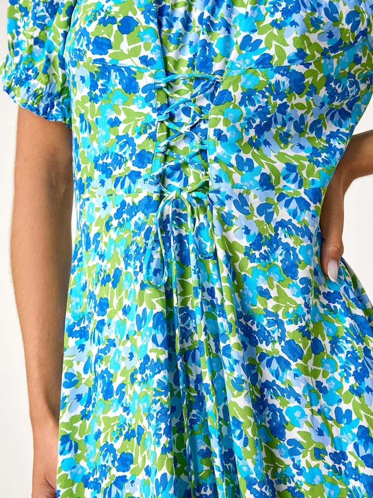 Roman Blue Lace-Up Detail Floral Print Bardot Dress - Image 5 of 5