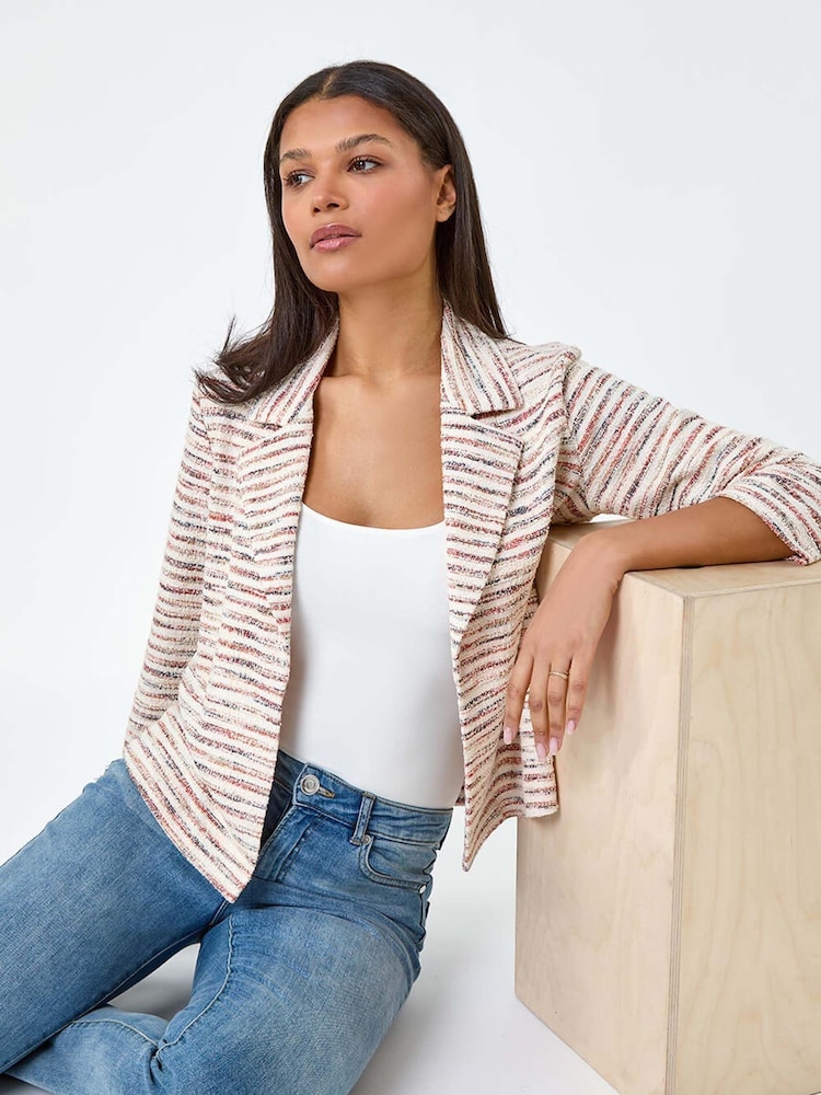 Roman Orange Stripe Textured 3/4 Sleeve Cotton Blend Jacket - Image 1 of 5