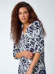 Roman Blue Textured Floral Print Stretch Blouse - Image 1 of 5