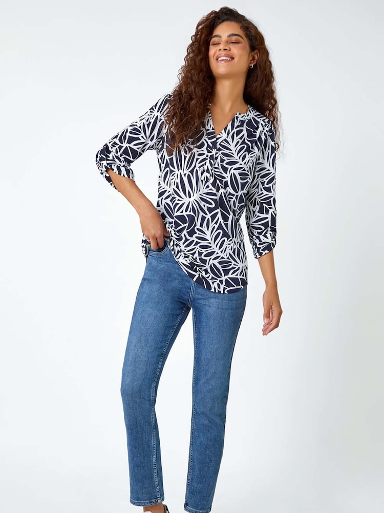 Roman Blue Textured Floral Print Stretch Blouse - Image 2 of 5