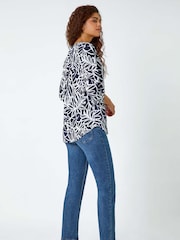 Roman Blue Textured Floral Print Stretch Blouse - Image 3 of 5