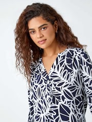 Roman Blue Textured Floral Print Stretch Blouse - Image 4 of 5