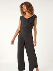 Roman Black Cowl Neck Ruched Stretch Jumpsuit - Image 1 of 5