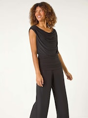 Roman Black Cowl Neck Ruched Stretch Jumpsuit - Image 4 of 5
