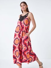 Roman Pink Tie Dye Crochet Detail Pocket Midi Dress - Image 1 of 5