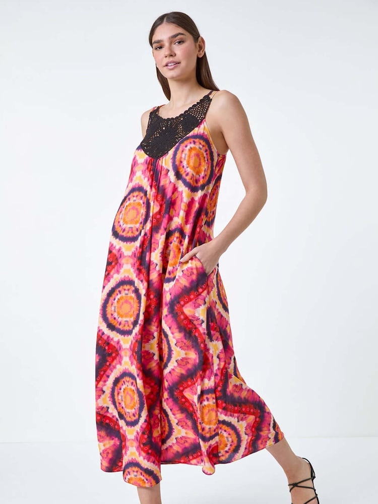 Roman Pink Tie Dye Crochet Detail Pocket Midi Dress - Image 1 of 5