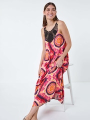 Roman Pink Tie Dye Crochet Detail Pocket Midi Dress - Image 2 of 5