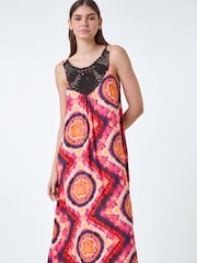 Roman Pink Tie Dye Crochet Detail Pocket Midi Dress - Image 4 of 5