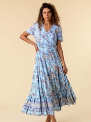 Roman Blue Floral Print Shirred Waist Maxi Dress - Image 1 of 5