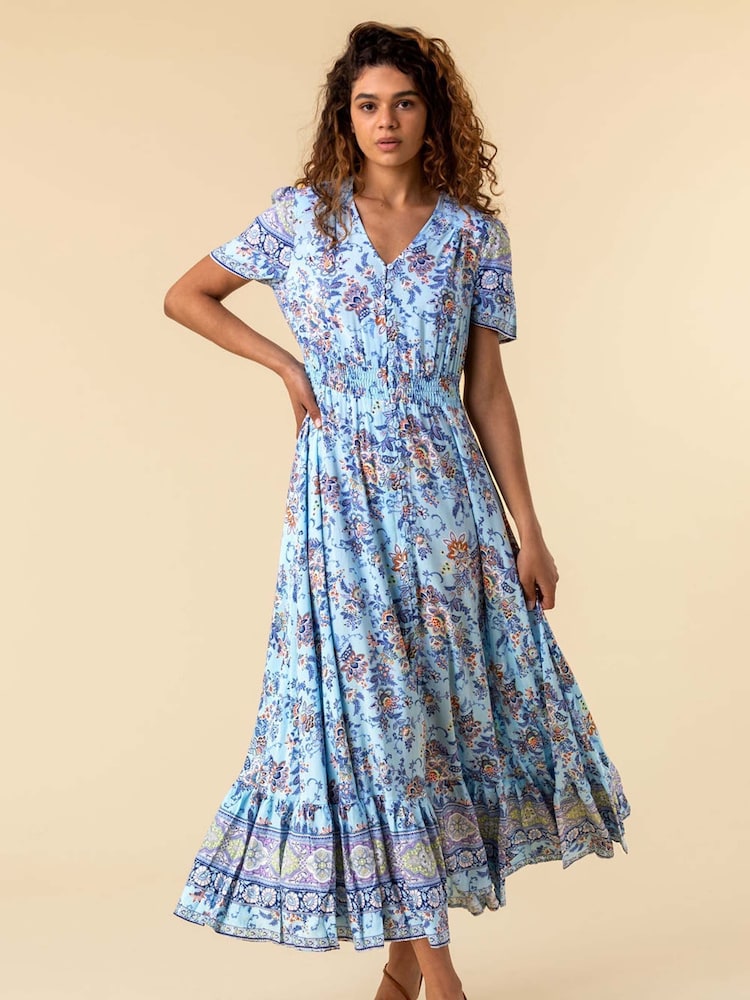 Roman Blue Floral Print Shirred Waist Maxi Dress - Image 1 of 5