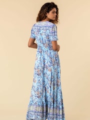 Roman Blue Floral Print Shirred Waist Maxi Dress - Image 2 of 5