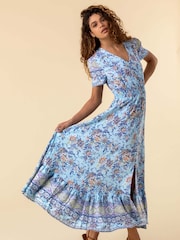 Roman Blue Floral Print Shirred Waist Maxi Dress - Image 3 of 5