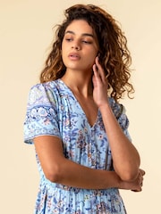 Roman Blue Floral Print Shirred Waist Maxi Dress - Image 4 of 5