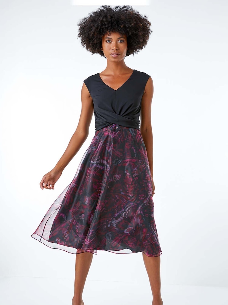 Roman Pink Twist Front Butterfly Print Stretch Dress - Image 1 of 5