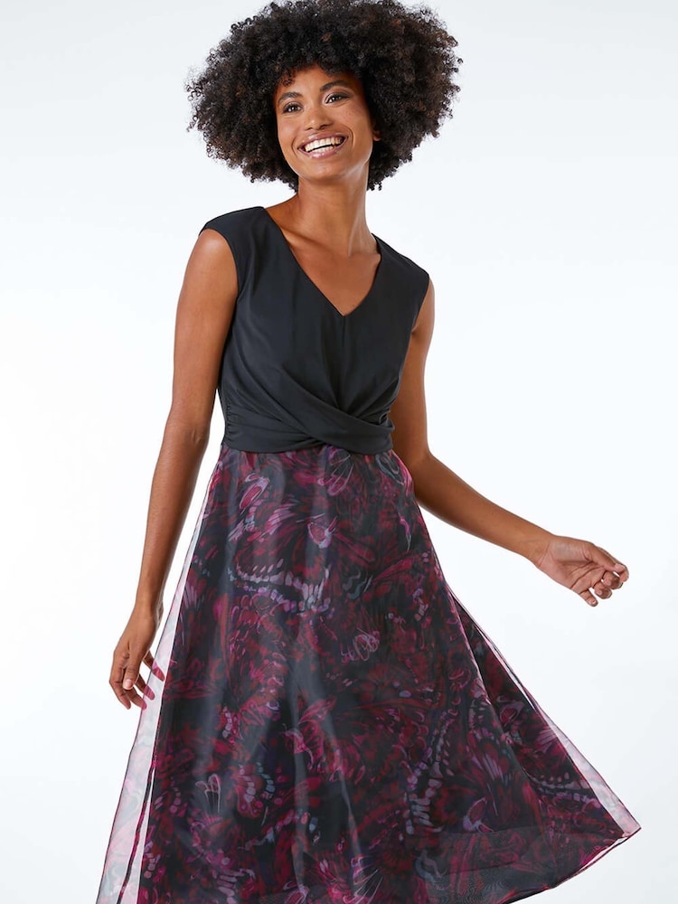 Roman Pink Twist Front Butterfly Print Stretch Dress - Image 2 of 5