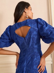 Love & Roses Cobalt Blue Textured Puff Sleeve Crew Neck Midi Dress - Image 4 of 5